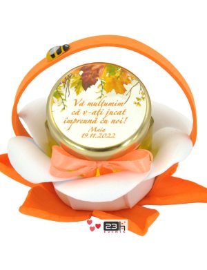 Marturii dulci cu miere, model handmade Zumzet dulce – portocaliu somon, borcan 50 gr – DSBC211014