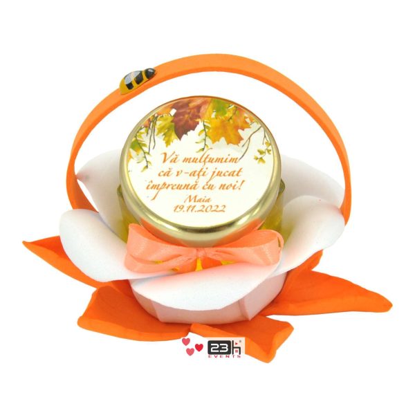 Marturii dulci cu miere, model handmade Zumzet dulce - portocaliu somon, borcan 50 gr - DSBC211014