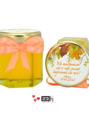 Marturii dulci cu miere, model handmade Iubire – portocaliu somon, borcan 50 gr, grafica personalizabila – DSBC211021