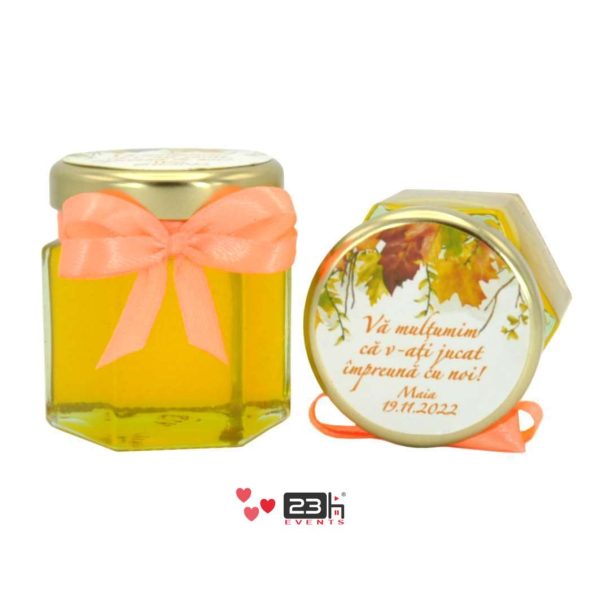 Marturii dulci cu miere, model handmade Iubire - portocaliu somon, borcan 50 gr, grafica personalizabila - DSBC211021