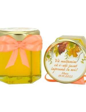 Marturii dulci cu miere, model handmade Iubire – portocaliu somon, borcan 50 gr, grafica personalizabila – DSBC211021