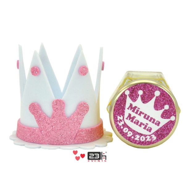 Marturii dulci cu miere, model handmade Coroana - roz, borcan 50 gr , etichetă personalizabilă - DSBC211015