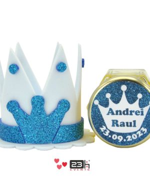 Marturii dulci cu miere, model handmade Coroana – albastru, borcan 50 gr , etichetă personalizabilă – DSBC211016