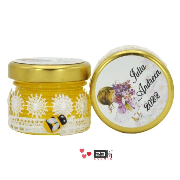 Marturii dulci cu miere, model handmade „Dorinta” – alb, borcan 30 gr – DSBC211004