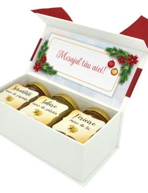 Cadou dulce, cutie cu 3 borcanele de miere, inchidere magnetica si mesaj personalizabil, tematica Craciun – DSBC211022