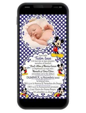 Invitatie digitala botez baietel, personalizata cu Mickey si poza bebe – DSBC211001