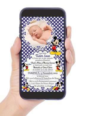 Invitatie digitala botez baietel, personalizata cu Mickey si poza bebe – MIBC211001