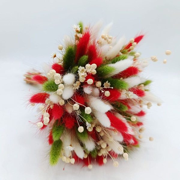 Buchet mireasanasa din flori uscate, alb verde rosu FEIS301002 (1)