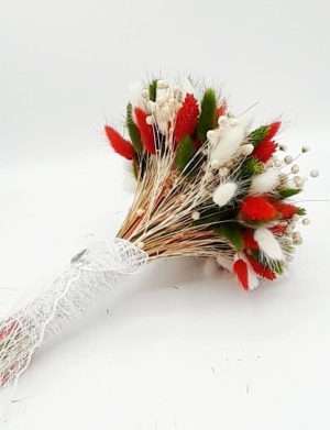 Buchet mireasa/nasa din flori uscate, alb-verde-rosu – FEIS301002