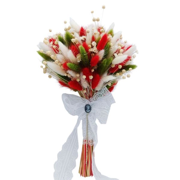 Buchet mireasanasa din flori uscate, alb verde rosu FEIS301002 (1)