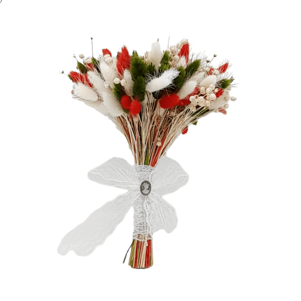 Buchet mireasanasa din flori uscate alb verde rosu FEIS301002 1