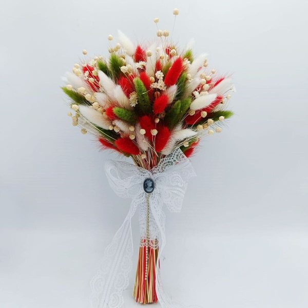 Buchet mireasanasa din flori uscate, alb verde rosu FEIS301002 (2)