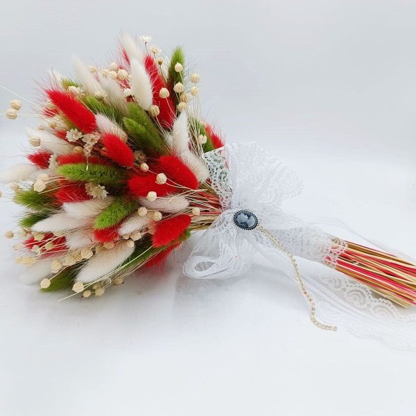 Buchet mireasanasa din flori uscate, alb verde rosu FEIS301002 (3)