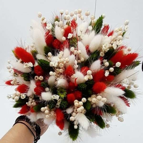Buchet mireasanasa din flori uscate alb verde rosu FEIS301002 6