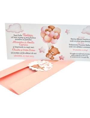 Invitatie botez Copertata roz, model ursulet cu baloane pentru fetita – MIBC301001