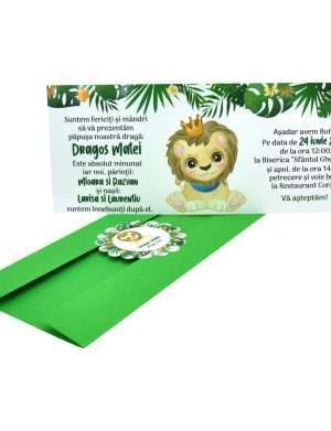 Invitatie botez Copertata verde, model jungle cu leu baietel – MIBC301006