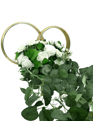 Decor masina pentru nunta, verighete decorate cu flori albe de matase – ILIF301010