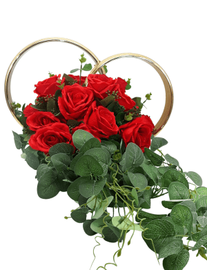 Decor masina pentru nunta, verighete decorate cu flori rosii de matase – ILIF301009