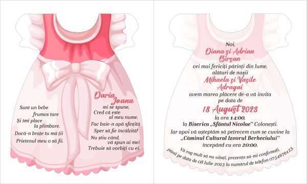 Invitatie botez Rochita model cu grafica rochita roz pentru fetita MIBC301020 23h Events