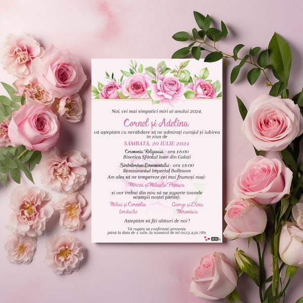 Invitatie nunta card C6, grafica fata, trandafiri roz – MIBC301031