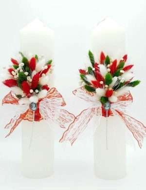 Lumanare nunta cu flori uscate, alb-verde-rosu – FEIS301008