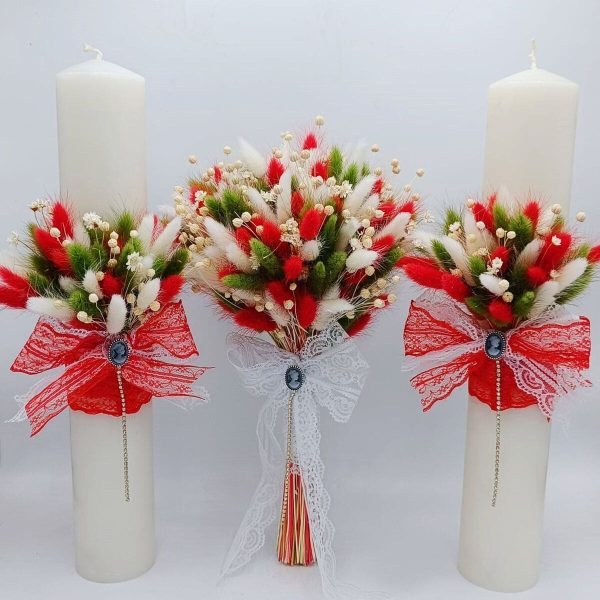 Set 2 lumanari cununie + buchet mireasa, cu flori uscate verde rosu alb FEIS301009 (1)