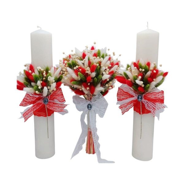Set 2 lumanari cununie + buchet mireasa, cu flori uscate verde rosu alb FEIS301009 (1)