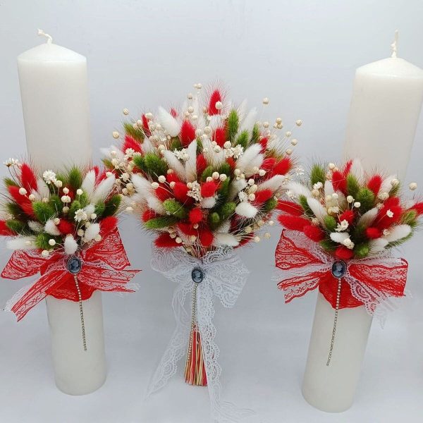 Set 2 lumanari cununie + buchet mireasa, cu flori uscate verde rosu alb FEIS301009 (2)