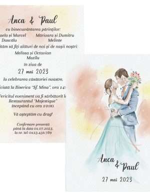 Invitatie nunta card C6, grafica fata-verso, crem si miri turcoaz – MIBC301021