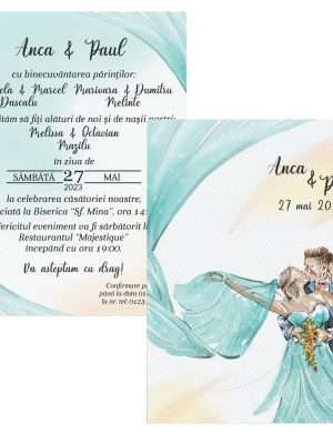 Invitatie nunta card C6, grafica fata-verso, crem si miri turcoaz – MIBC301022