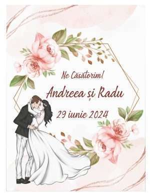 Invitatie nunta card C6, grafica fata-verso, crem- roz prafuit, miri – MIBC301024