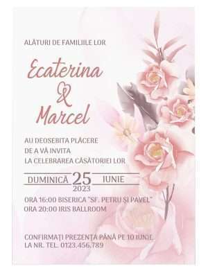 Invitatie nunta card C6, grafica fata-verso, crem – roz prafuit – MIBC301025