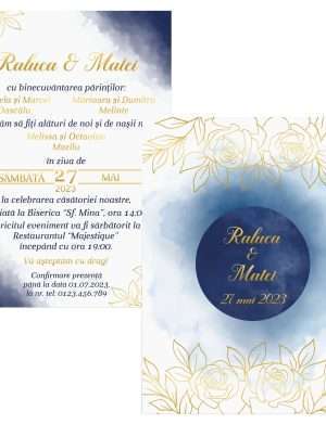 Invitatie nunta card C6, grafica fata-verso, bleumarin – auriu – MIBC301026