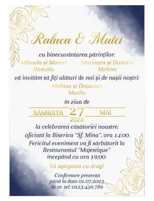 Invitatie nunta card C6, grafica fata-verso, bleumarin – auriu – MIBC301026