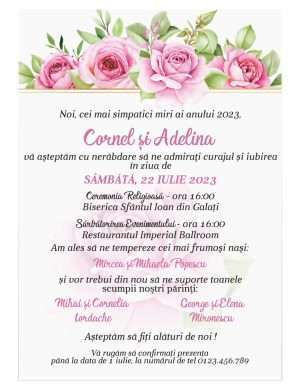 Invitatie nunta card C6, grafica fata, trandafiri roz – MIBC301031