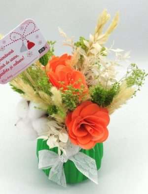 Aranjament cadou cu flori uscate in vas ceramic, portocaliu-verde – ILIF302020