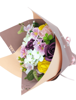 Buchet cadou cu flori de sapun, galben-alb-mov – SDSPH302003