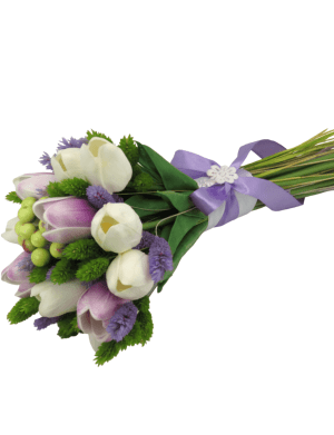 Buchet mireasa/nasa deosebit, flori uscate si de silicon real touch, verde-mov-alb – ILIF302016