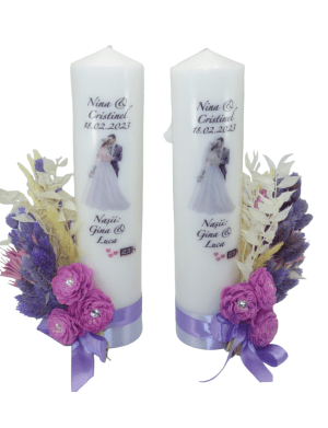Lumanare Nunta, model personalizat, decor cu flori uscate, mov – ILIF302045