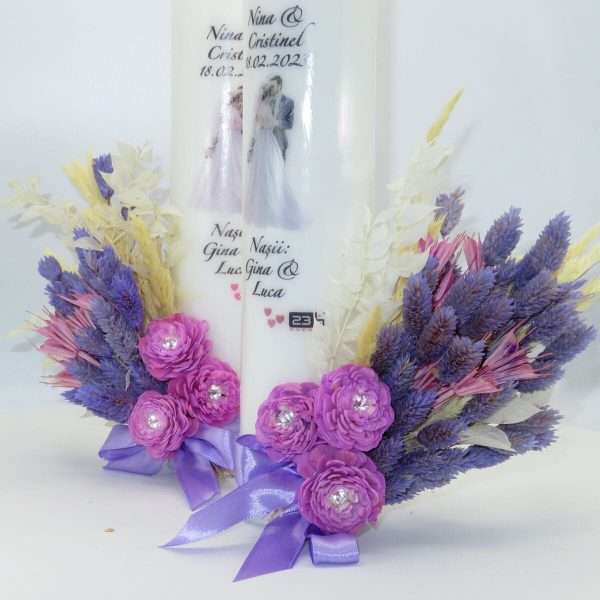 Lumanare Nunta model personalizat decor cu flori uscate mov ILIF302045 10