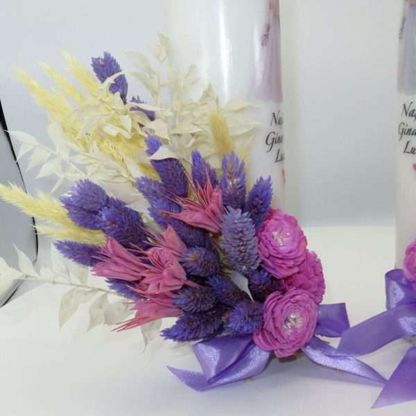 Lumanare Nunta model personalizat decor cu flori uscate mov ILIF302045 5