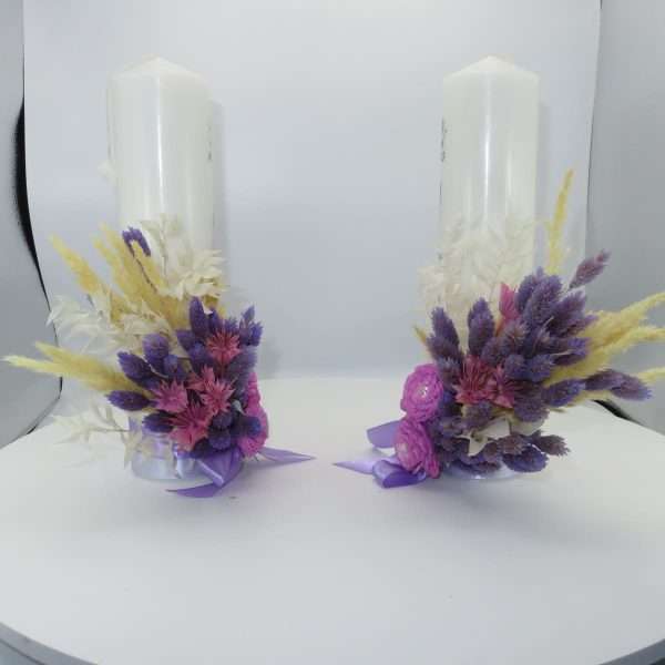Lumanare Nunta model personalizat decor cu flori uscate mov ILIF302045 7