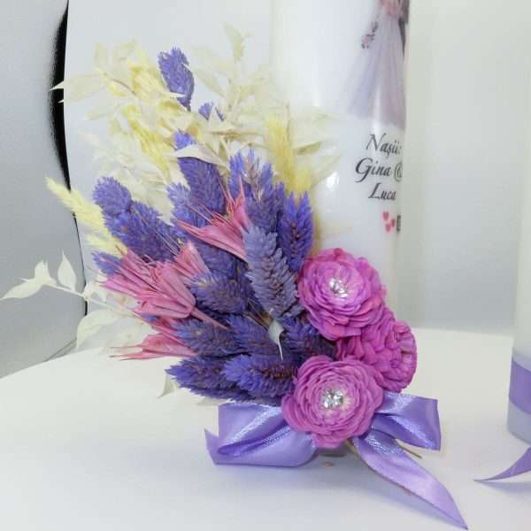 Lumanare Nunta model personalizat decor cu flori uscate mov ILIF302045 9