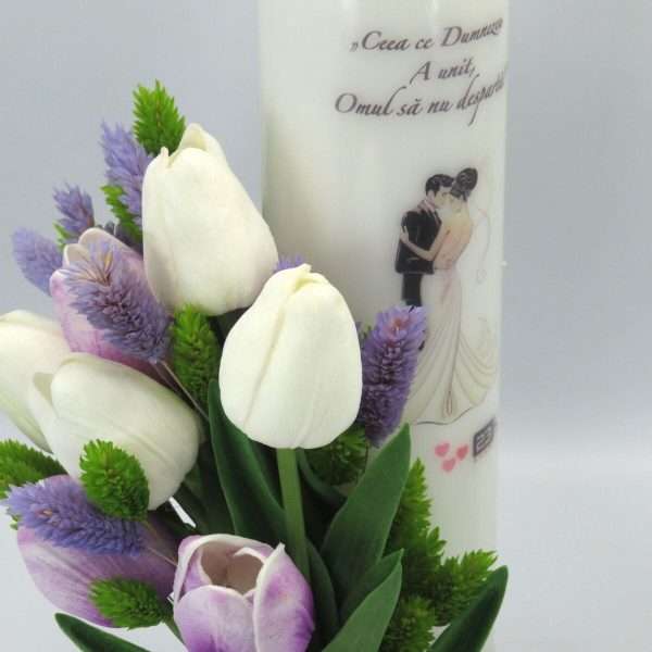 Lumanare cununie decorata cu flori uscate si lalele silicon real touch ILIF302015 3