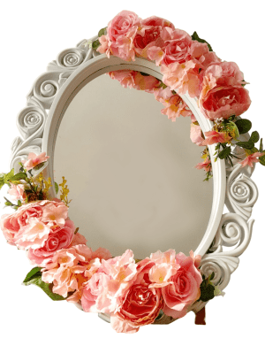Oglinda miresei personalizata, forma ovala in stil victorian, lucrata cu flori de matase – FEIS302004