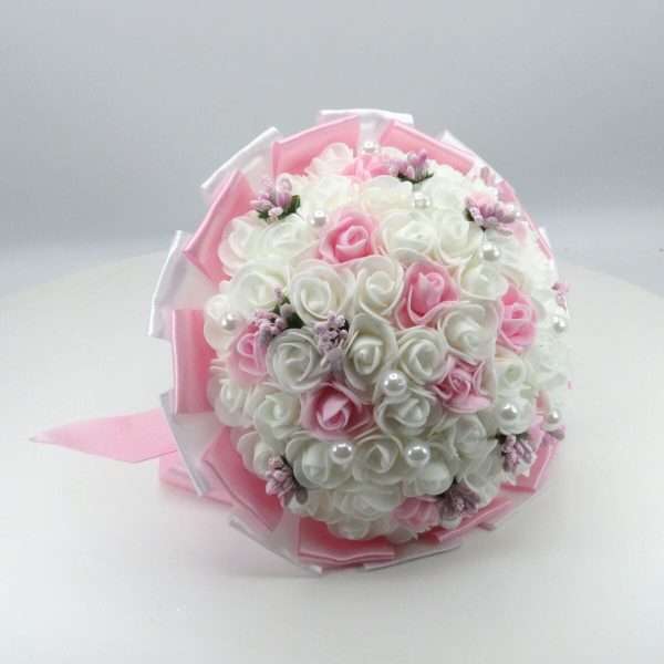 Buchet mireasa cu flori de spuma, alb roz ILIF303083 (1)