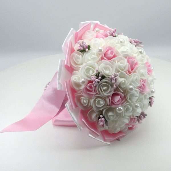 Buchet mireasa cu flori de spuma, alb roz ILIF303083 (4)