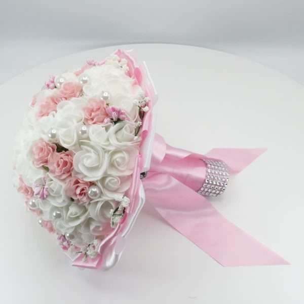 Buchet mireasa de aruncat cu flori de spuma alb roz ILIF303083 2