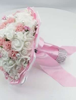 Buchet mireasa cu flori de spuma, alb-roz – ILIF303083