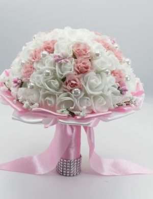 Buchet mireasa cu flori de spuma, alb-roz – ILIF303083